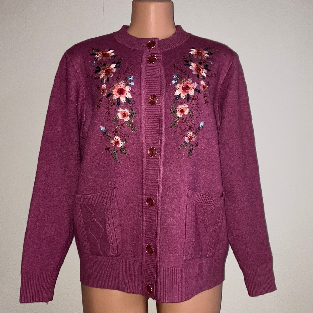 Eggplant‎ Purple Floral Embroidered and Rhinestone Beaded Fuzzy Knit Cardigan